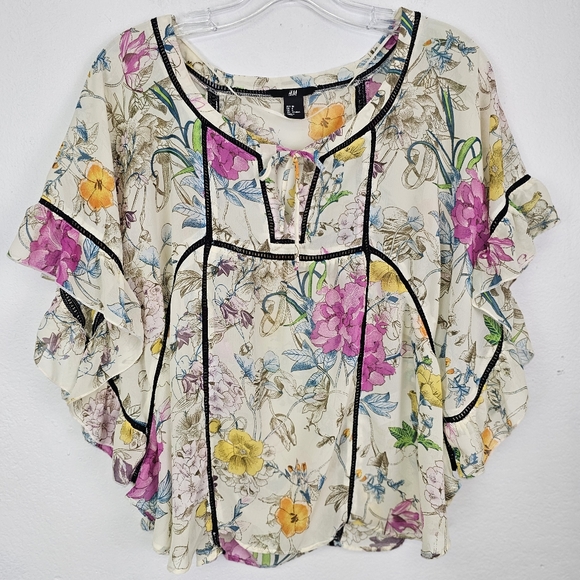 H&M Blouse Top Fairycore Chiffon Floral Open Bell Sleeves Sz 6 Romantic - Picture 1 of 10